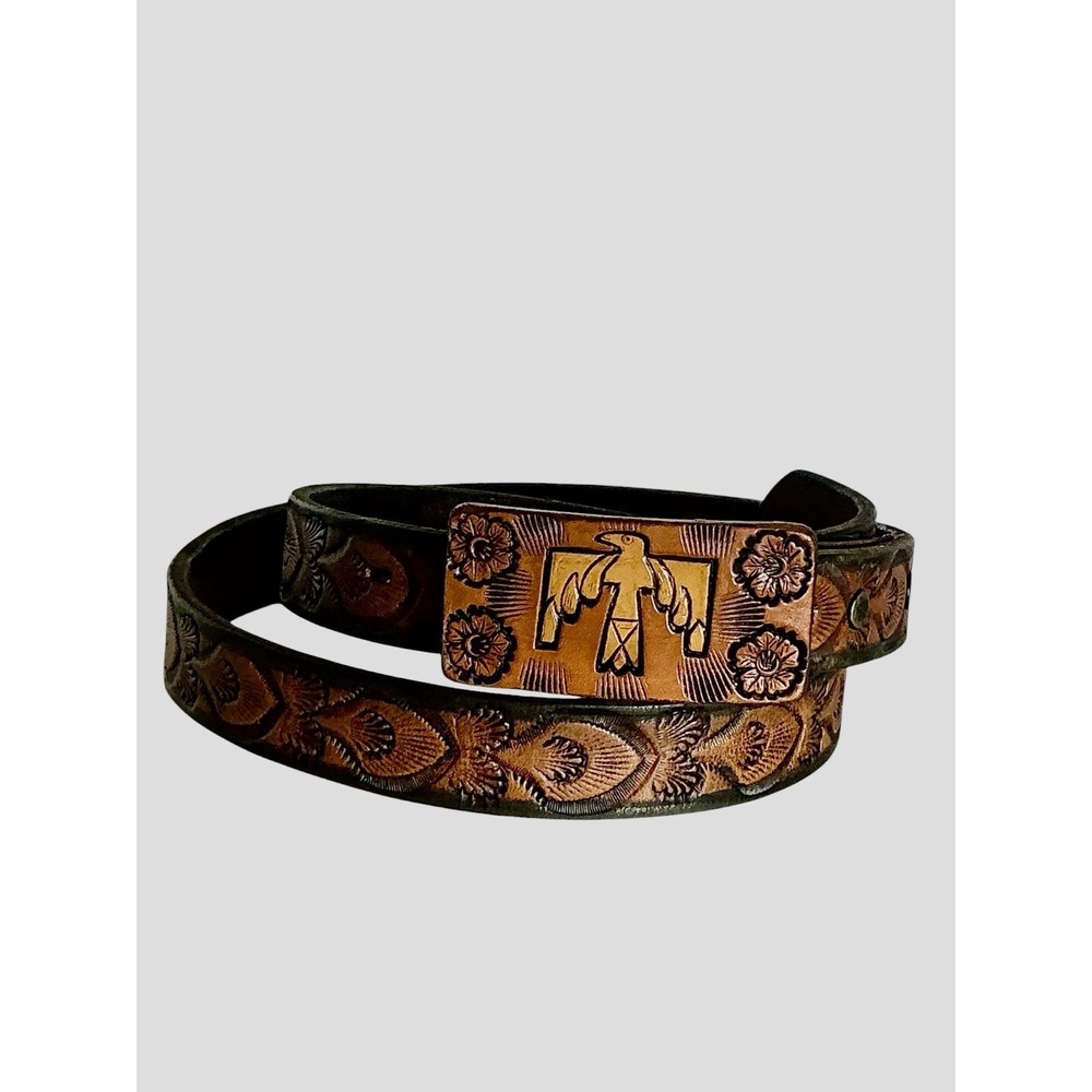 Gameson Tooled Leather Western Belt Size 32 Tooled Leather Thunderbird On Buckle